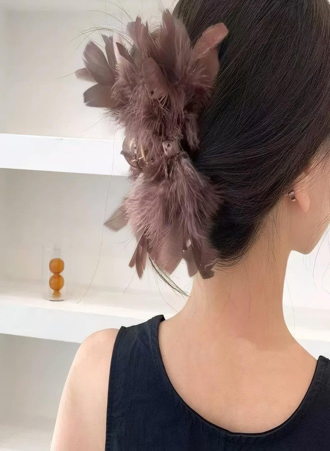 Rannyrena Large Bow Chiffon Silk Hair Clips for Women Pearl Mesh Bubble Hair Barrettes for Thick Thin Hair Elegant Feather Claw Clips Hair Accessories (Feather Brown) - Image 3